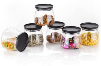 meelana Plastic Cookie Jar  - 900 ml(Pack of 6, Black)