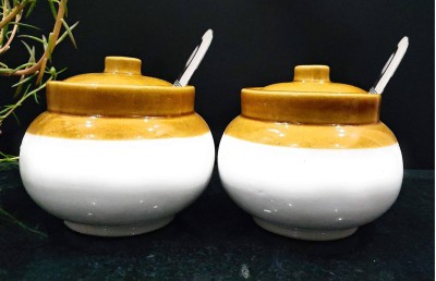THE HIMALAYA CRAFT Ceramic Pickle Jar  - 250 ml(Pack of 2, White, Brown)