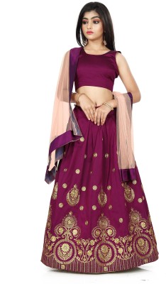 E Ethnic Store Girls Lehenga Choli Ethnic Wear Embroidered Lehenga, Choli and Dupatta Set(Purple, Pack of 1)