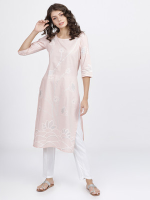 Vishudh Women Embroidered Straight Kurta(Beige)