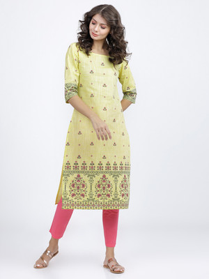 Vishudh Women Printed Straight Kurta(Green)