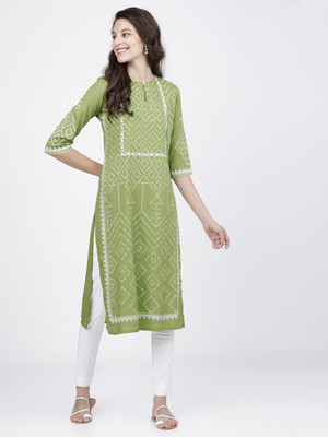 Vishudh Women Printed Straight Kurta(Green)