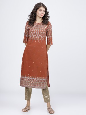 Vishudh Women Printed Straight Kurta(Brown)