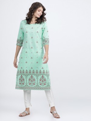 Vishudh Women Printed Straight Kurta(Green)