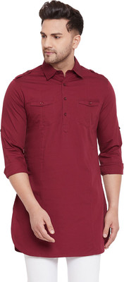 HYPERNATION Men Solid Pathani Kurta(Maroon)