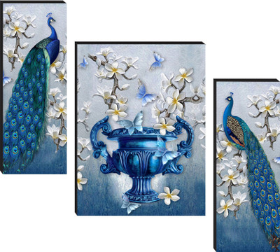 Masstone Peacock and Flower Vase Three Piece MDF Painting Digital Reprint 12 inch x 18 inch Painting(With Frame, Pack of 3)