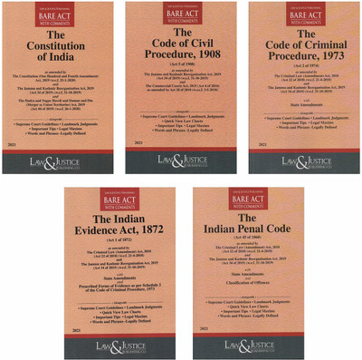 Combo Of 5 Bare Act 2021 EDITION The Constitution Of India ,Code Of Civil Procedure, The Indian Penal Code ,Code Of Criminal Procedure 1973, The India Evidence Bare Act With Short Notes (Law & Justice)(Paperback, law & justice) Combo Of 5 Bare Act 2021 EDITION The Constitution Of India ,Code Of Civil Procedure, The Indian Penal Code ,Code Of Criminal Procedure 1973, The India Evidence Bare Act With Short Notes (Law & Justice)(Paperback, law & justice)