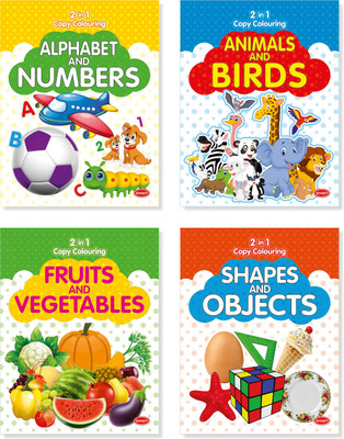 2 In 1 COPY COLOURING (SET OF 4 BOOKS) - Shapes & Objects, Alphabet & Numbers, Animals & Birds, Fruits & Vegetables(Paperback, Shanti Publications)