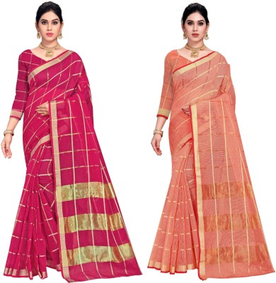 Sidhidata Self Design, Checkered Bollywood Cotton Blend Saree(Pack of 2, Pink, Orange)