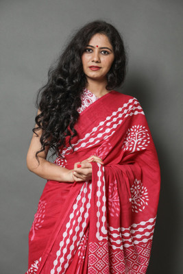 DASTKARPRINT Printed, Color Block, Blocked Printed, Floral Print, Dyed Daily Wear Pure Cotton Saree(Pink)