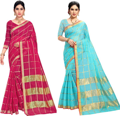 Sidhidata Self Design, Checkered Patola Cotton Blend Saree(Pack of 2, Light Blue, Pink)