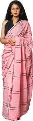 Pinkcity Trade World Checkered Ikkat Pure Cotton Saree(Pink)