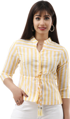 ART OF CLOTHING Women Striped Casual Yellow Shirt