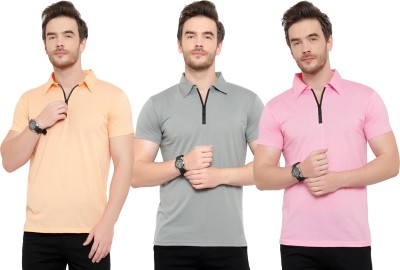 Tivy Solid Men Polo Neck Pink, Orange, Grey T-Shirt