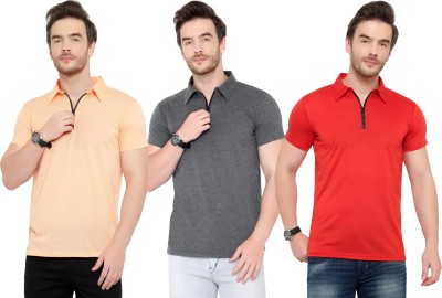 Tivy Solid Men Polo Neck Red, Orange, Grey T-Shirt