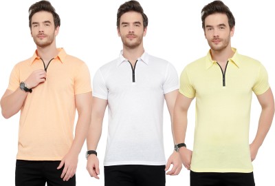 Adorbs Solid Men Polo Neck White, Orange, Yellow T-Shirt