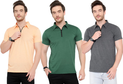 Adorbs Solid Men Polo Neck Dark Green, Orange, Grey T-Shirt