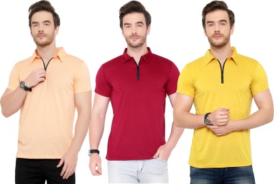 Tivy Solid Men Polo Neck Maroon, Orange, Yellow T-Shirt