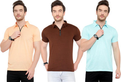 Tivy Solid Men Polo Neck Light Blue, Brown, Orange T-Shirt