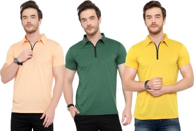 Adorbs Solid Men Polo Neck Dark Green, Orange, Yellow T-Shirt