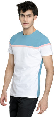 Kundan Colorblock Men Round Neck Light Blue, White T-Shirt