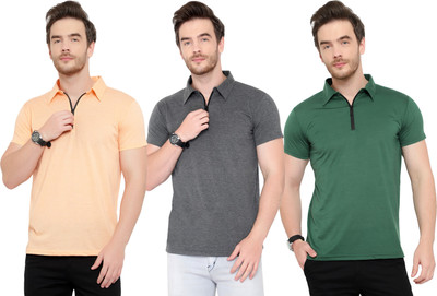 Adorbs Solid Men Polo Neck Dark Green, Orange, Grey T-Shirt