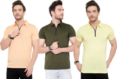 Tivy Solid Men Polo Neck Dark Green, Orange, Yellow T-Shirt