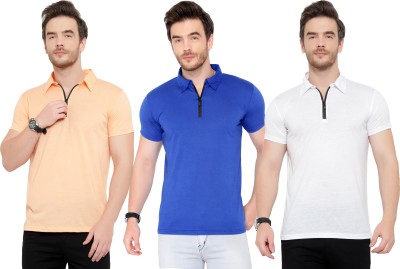 Adorbs Solid Men Polo Neck White, Blue, Beige T-Shirt