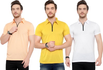 Adorbs Solid Men Polo Neck White, Orange, Yellow T-Shirt