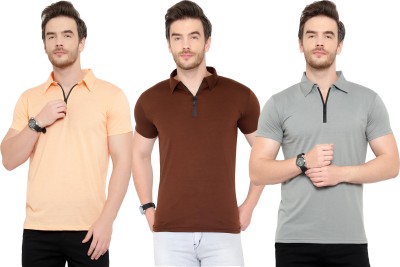 Adorbs Solid Men Polo Neck Brown, Orange, Grey T-Shirt