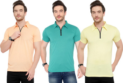 Adorbs Solid Men Polo Neck Green, Orange, Yellow T-Shirt