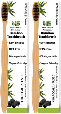 Mini Storify Bamboo Toothbrush with Charcoal Activated Soft Bristles - Adult Pack (2 Adult Bamboo Toothbrush) Ultra Soft Toothbrush(Pack of 2)