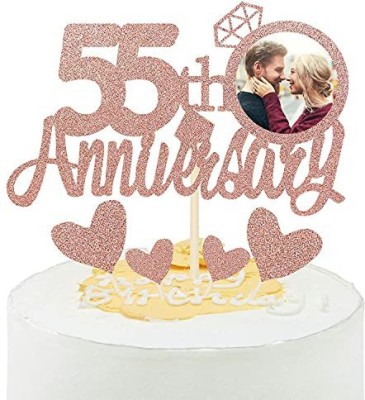 ZYOZI Rose Gold Glitter 55th Anniversary Cake Topper with Diamond Ring Heart Cake Decorations Set for 55th Wedding Graduations, Retirement Company Celebration Party - Pack of 5 Cake Topper(ROSE GOLD Pack of 5)