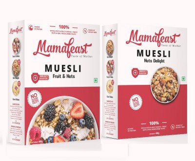 Mamafeast by Mamafeast Muesli Nuts Delight 400 G + Muesli Fruit & Nuts 400 G | Whole Oats & Whole Grain | Finest Nuts & Raisins | Real Freeze Dried Fruits | No Sugar Infused Fruits |2P X 400 g, Box Box(2 x 400 g)