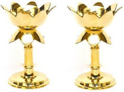 Rolimoli Set of 2 Pure Brass lotus Diya for Puja Temaple Decoration, Lotus Shape Pillar Diya Stand Oil Lamp for Home Mandir Pooja Articles Decor Gifts 3.5 inch set of 2 Brass (Pack of 2) Table Diya(Height: 3.5 inch)