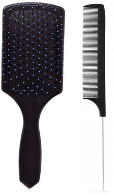 SANDIP Professional unisex Big Hair Paddle Rectangular Cushion Brush & Black Carbon Rat tail , Sectioning comb with Steel Handle with Non-skid Paddle for hair styling -pack of 2