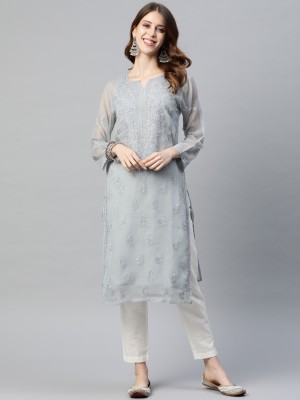 ADA Women Chikan Embroidery, Embroidered Straight Kurta(Grey)