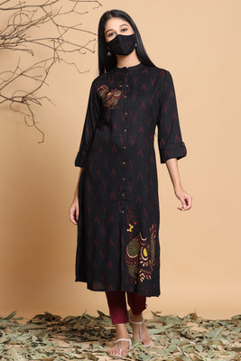 Juniper Women Printed Straight Kurta(Black)