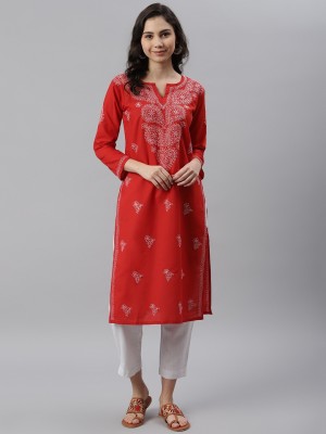 ADA Women Chikan Embroidery, Embroidered Straight Kurta(Red)