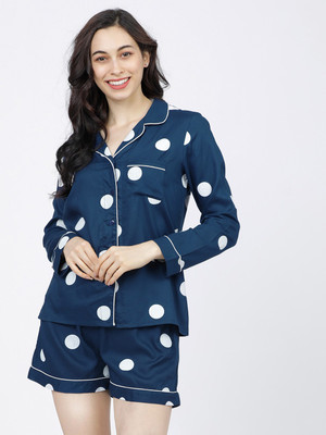 Tokyo Talkies Women Polka Print Dark Blue Top & Shorts Set