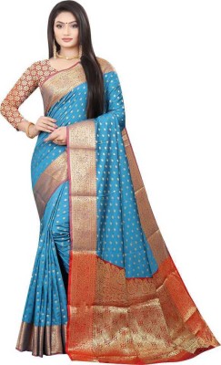 DHREY CREATION Woven Kanjivaram Silk Blend, Jacquard Saree(Light Blue)