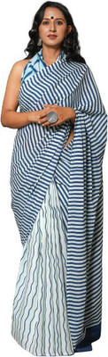 Pinkcity Trade World Printed, Color Block, Blocked Printed Daily Wear Pure Cotton Saree(White, Blue)