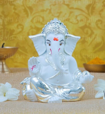 Gold Art India Silver plated white Ganesha for car dashboard home decor gifting diwali wedding Decorative Showpiece  -  9 cm(Polyresin, Silver Plated, Silver, White)