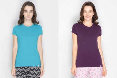 Lyra Solid Women Round Neck Purple, Blue T-Shirt