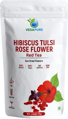 vedapure naturals Red Tea- Pure Hibiscus Flower with Rose Petals Sun Dried, 25gm, Herbal Tea, Caffeine Free Hibiscus, Rose Tea Blend Plastic Bottle(1)