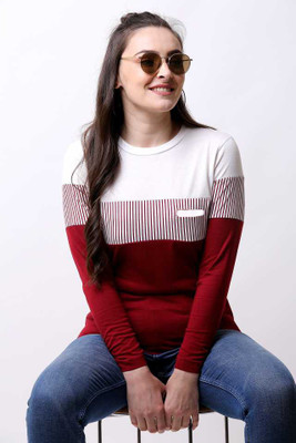 GIRLS SHOPPIE Casual Full Sleeve Striped Women Maroon Top
