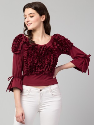 famiss fashion Casual 3/4 Sleeve Solid Women Maroon Top