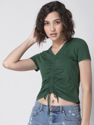 FABALLEY Casual Short Sleeve Solid Women Green Top