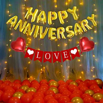Party Propz Happy Anniversary Decoration Items Kit - 40Pcs Combo Set With Lights For Home Bedroom Decorations - Happy Anniversary Foil Balloon, Love Banner, Balloons - Husband Wife Mom Dad Parents