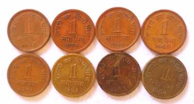MANMAI COINS 1 PAISA / NAYA PAISA - COINS ALL DIFFERENT YEAR SET - 1957 1958 1959 1960 1961 1962 1963 1964 - CIRCULATED CONDITION - INDIA Medieval Coin Collection(8 Coins)